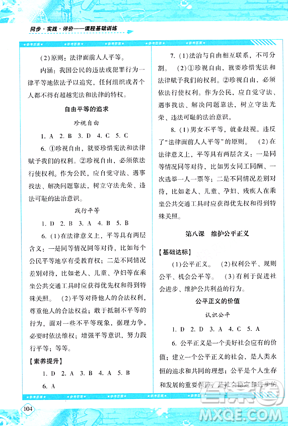 湖南少年儿童出版社2024年春同步实践评价课程基础训练八年级道德与法治下册人教版答案