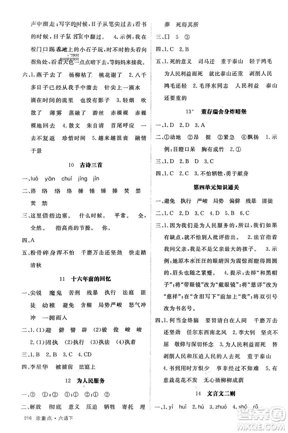 宁夏人民教育出版社2024年春新领程涂重点六年级语文下册通用版参考答案